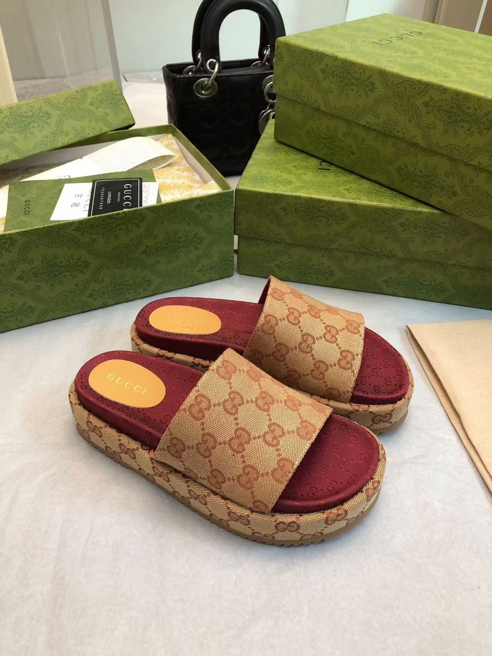 Gucci Beige GG Canvas Slide Mules with Burgundy Footbed